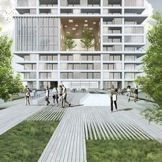 an artist's rendering of people walking in front of a large building with many balconies