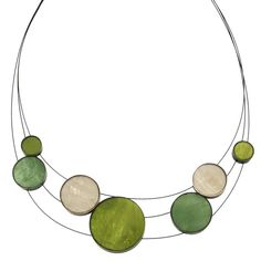 Shades Of Green Orbiting Discs Necklace – Sheva Modern Green Round Pendant Jewelry, Modern Green Circular Jewelry, Modern Green Necklace With Round Pendant, Modern Green Round Pendant Necklace, Natural Gamine, Triple Necklace, Verdant Green, Disc Necklace, Magnetic Clasp