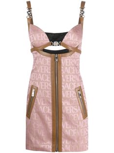 blush pink/beige leather trim jacquard logo motif cut-out detailing silver-tone hardware front zip fastening sleeveless two side zip-fastening pockets thigh-length straight hem Capsule Dress, Capsule Dressing, Brown Mini Dress, Versace Logo, Versace Couture, Versace Dress, Vestido Casual, Gianni Versace, Look Cool