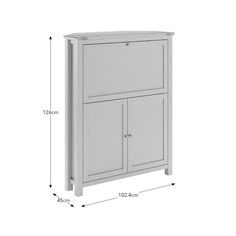 a white cabinet with two doors and measurements