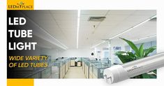 an advertisement for led tube light with wide variety of led tubes and plants in the background