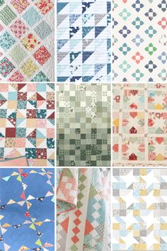 many different quilts are shown together on the same page, each with different colors