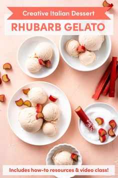 three white bowls filled with ice cream and fruit on top of a pink tablecloth