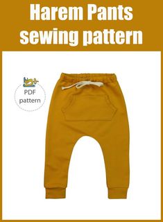 a pair of yellow pants with the words, harem pants sewing pattern