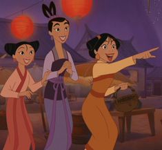 an animated image of two women and one man pointing to lanterns in the sky above them