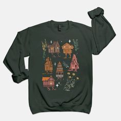 Crewneck sweater featuring Baba yaga houses in green or black! Baba Yaga Aesthetic, Babayaga Tattoo, Baba Yaga Illustration, Baba Yaga House, Baba Jaga, Salem Ma, Baba Yaga, Crewneck Sweater, Crew Neck Sweater