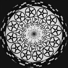 a black and white photo of a circular design in the center of a circle with circles on it