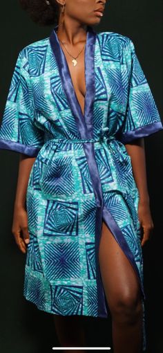 Blue African Print Morning robe with satin trim Blue African Print, Afro Fashion, Printed Robe, Liberia, Stew Recipes, African Fabric, African Women, African Print, Stew