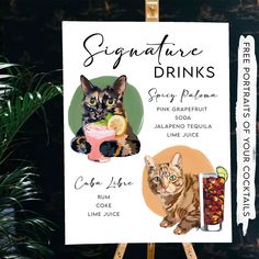 there is a sign with pictures of cats and drinks on it that says signature drinks