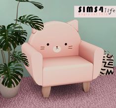 a pink chair with a cat face on it next to a potted palm tree