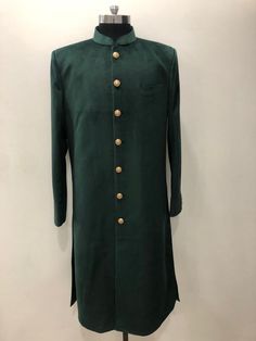 Sizes36,38,40,42,44,46,48,50,52,54,56 Fall Season Fitted Long Sleeve Sherwani, Traditional Green Kurta For Fall, Fitted Long Nehru Jacket For Winter, Fitted Fall Wedding Kurta, Green Fitted Long Sleeve Sherwani, Fitted Traditional Wear For Semi-formal Winter Events, Fitted Green Kurta For Winter, Green Fitted Kurta With Stand Collar, Fitted Long Sleeve Traditional Wear For Winter