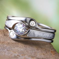 Ring Guard Bridal Set with Meteorite and Moissanite Meteorite Engagement Ring, Diamond Ring Guard, Tension Set Engagement Rings, Cosmic Design, Gibeon Meteorite, Meteorite Jewelry, Engraved Wedding Rings, Ring Guard, Titanium Wedding Rings