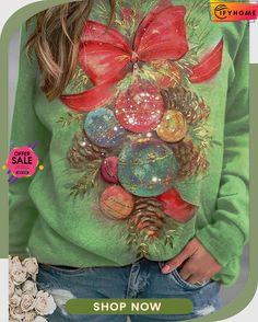 Loose Christmas Casual Jersey Sweatshirt Casual Christmas Sweater For Festive Occasions, Festive Long Sleeve Fall Sweatshirt, Green Casual Christmas Sweater, Festive Winter Crew Neck Top, Festive Green Tops For Winter, Green Casual Holiday Sweater, Green Festive Tops For Winter, Festive Long Sleeve Holiday T-shirt, Green Festive Top For Winter