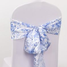 PRICES MAY VARY. Polyester Quantity: 5 Chair Sashes Material: Satin Color: White | Blue Style: Chinoiserie Floral Print Size: 6"W x 108"L Edges: Serged Thickness: 72 GSM Seamless, 1 pc design Sashes are shipped flat PERFECT ADDITION AND GOOD QUALITY: A perfect addition to your dinner table, good quality placemats with exquisite design and very elegant looking, to add more fun to your kitchen table. Perfect for daily use, good match with dark wood table, glass table, white dining table, wooden fa Floral Print Chair, Blue White Weddings, Chinoiserie Motifs, Chair Bows, Blue Bridal Shower, Chair Sash