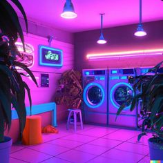 a room that has some plants and lights on the wall in front of washers