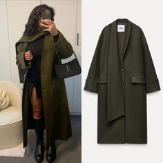 #ad Premium Quality ZARA Manteco Scarf Coat Size XS/S M/L Wool Blend Dark Khaki NEW Jacket Women, Fashion Women's Jacket Olive Green Overcoat Outfit Women, Scarf Coat Outfit, Long Green Coat Outfit, Oversized Wool Outerwear With Shawl Collar, Khaki Single Breasted Pea Coat For Fall, Long Casual Wool Outerwear, Wool Outerwear With Shawl Collar For Winter, Green Wool Coat For Winter, Khaki Wool Coat With Pockets For Winter