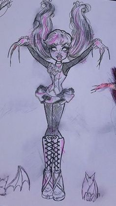 a drawing of a girl with pink hair and boots, standing next to a bat