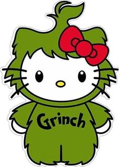 a hello kitty sticker with the word grin on it's chest and red bow