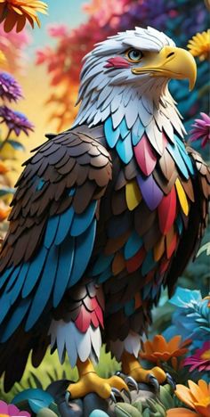 an eagle is sitting on the ground surrounded by flowers and leaves, in front of a colorful sky