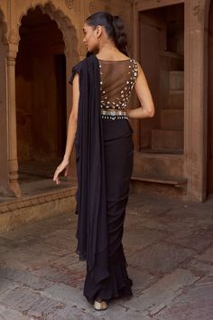 Black pre-draped frill saree. Paired with a hand embroidered padded blouse with loop detailings on the neckline and an embroidered belt. - Aza Fashions Frill Saree, Sarees Black, Ruffle Sarees, Ruffle Saree, Padded Blouse, Embroidered Belt, Drape Saree, Blouse For Women, Embroidered Neckline