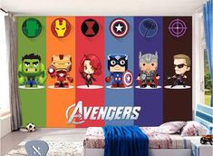 the avengers wall mural in a child's bedroom