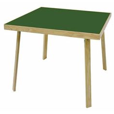 a wooden table with a green top on a white background in the shape of a square