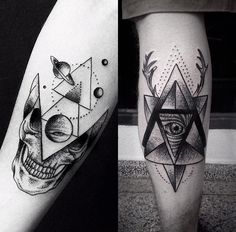 two tattoos on the legs of people with different shapes and sizes, one has an all seeing eye