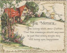 a card with an image of a house and flowers in the background that says for mother