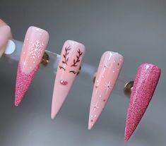 Reindeer Nail Art, Pink Reindeer, Press Nails, Luxury Press On Nails, Halloween Acrylic Nails, Stiletto Nails Designs, Exotic Nails