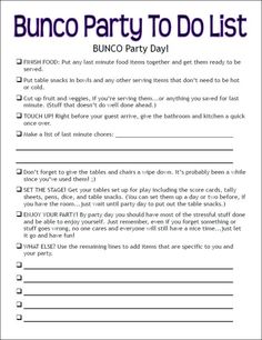 a printable bunco party to do list