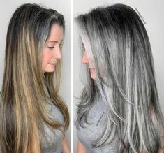 Gray Hair Makeover Ideas To Blend Grey Hair, Natural Grey Hair Balayage, Grey Hair Trend, Going Grey Long Hair, Fading Gray Hair, Best Hair Color To Blend Gray Roots, Gray Hair With Silver Highlights, Grey Blended Hair Going Gray, Hair Color Ideas For Grey Hair Over 50