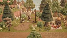 an animated image of a farm with animals and trees