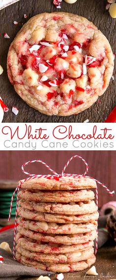 white chocolate candy cane cookies stacked on top of each other