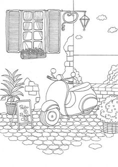 a drawing of a scooter parked in front of a building with flowers and plants