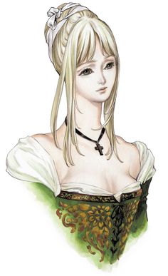 a drawing of a woman with long blonde hair wearing a green dress and black choker