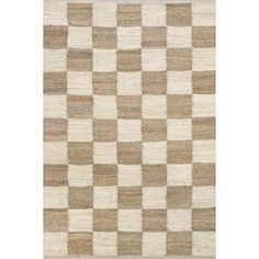 an area rug with checkered squares in beige and brown colors on the floor,