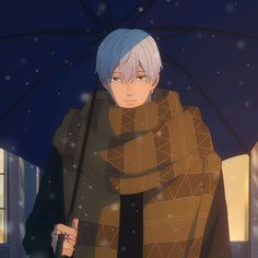 an anime character with white hair and blue eyes holding an umbrella in the snow at night