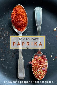 two spoons filled with different types of food on top of a black plate next to the words how to make paprka