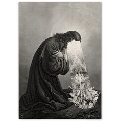 an image of jesus kneeling down with his hands on his face and flowers in front of him