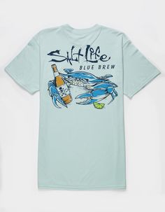 Salt Life Blue Brew Crab Pocket Tee. Left Chest Pocket. Graphic Above Pocket. Large Graphic On Back. Crew Neck. Short Sleeve. 100% Preshrunk Cotton. Machine Wash. Imported. Blue Graphic Tee For Beach, Blue Graphic Short Sleeve T-shirt, Salt Life Shirt, Blue Short Sleeve Beach T-shirt, Crab T Shirts, Summer Graphic Tee, Salt Life, Pocket Tee, Crab