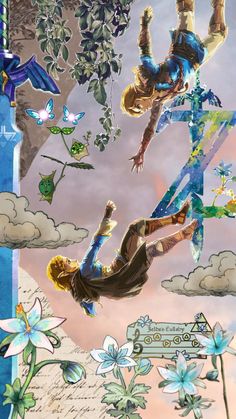 two people are flying through the air with flowers and clouds in the background, one person is