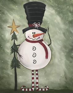 a painting of a snowman wearing a top hat and holding a star in his hand