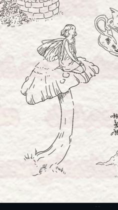 a drawing of a fairy sitting on top of a mushroom next to a cup and saucer