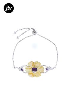 Pacific Style��� 25x25mm Carved Golden Mother-Of-Pearl With 0.97ctw Multi-Shaped Purple Amethyst & 0.14ctw Round White Zircon Rhodium Over Sterling Silver Flower Bolo Bracelet. Measures Approximately  7.25-9"L x 0.96"W. Adjustable Slide Closure. Accent stones primarily zircon. Bolo Bracelet, Sterling Silver Flowers, Silver Flowers, Purple Amethyst, Mother Of Pearl, Amethyst, Carving, Bracelet, Sterling Silver