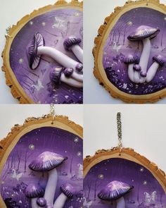 three pictures of purple mushrooms with chains hanging from them, and one is in the process of being painted