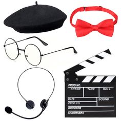 a hat, glasses, tie and headphones are arranged on a white background with a movie clapper