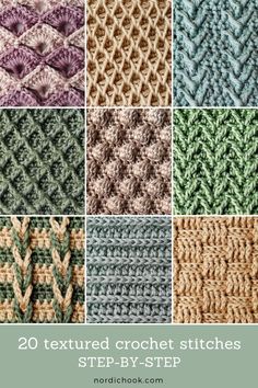 crochet stitches in different colors and sizes with text overlay that says 20 textured crochet stitches step by step