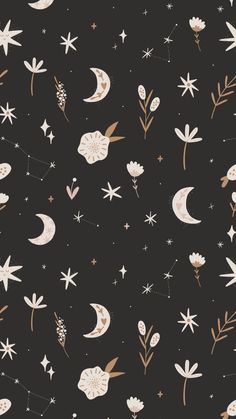 a black background with stars, moon and flowers