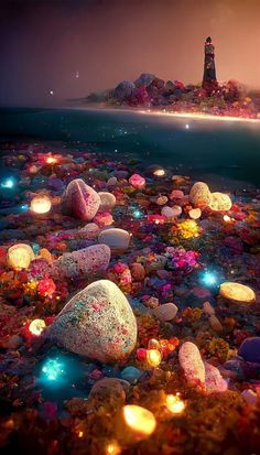 rocks and lights in the water with a lighthouse in the background at night, surrounded by flowers