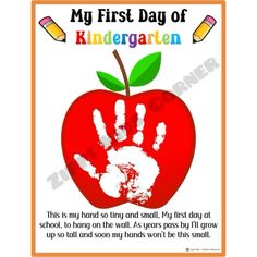 an apple with handprints on it that says, my first day of kindergart